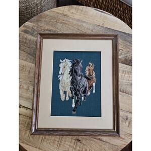 Needlepoint Tapestry Running Horses Framed Art Finished 15x18